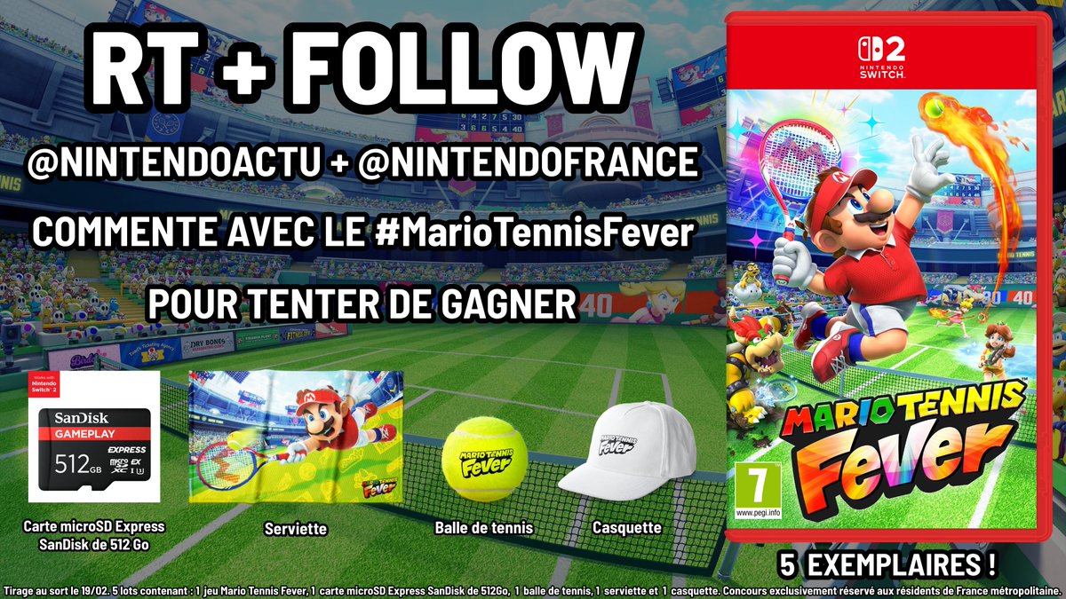 NintendoActu's tweet image. [CONCOURS 🎁] Tentez de gagner le jeu Mario Tennis Fever, ses goodies et une carte microSD Express SanDisk de 512Go pour Nintendo Switch 2 !

Pour participer :
- RT + Follow @NintendoActu et @NintendoFrance
- Commente le personnage que tu vas jouer avec #MarioTennisFever !