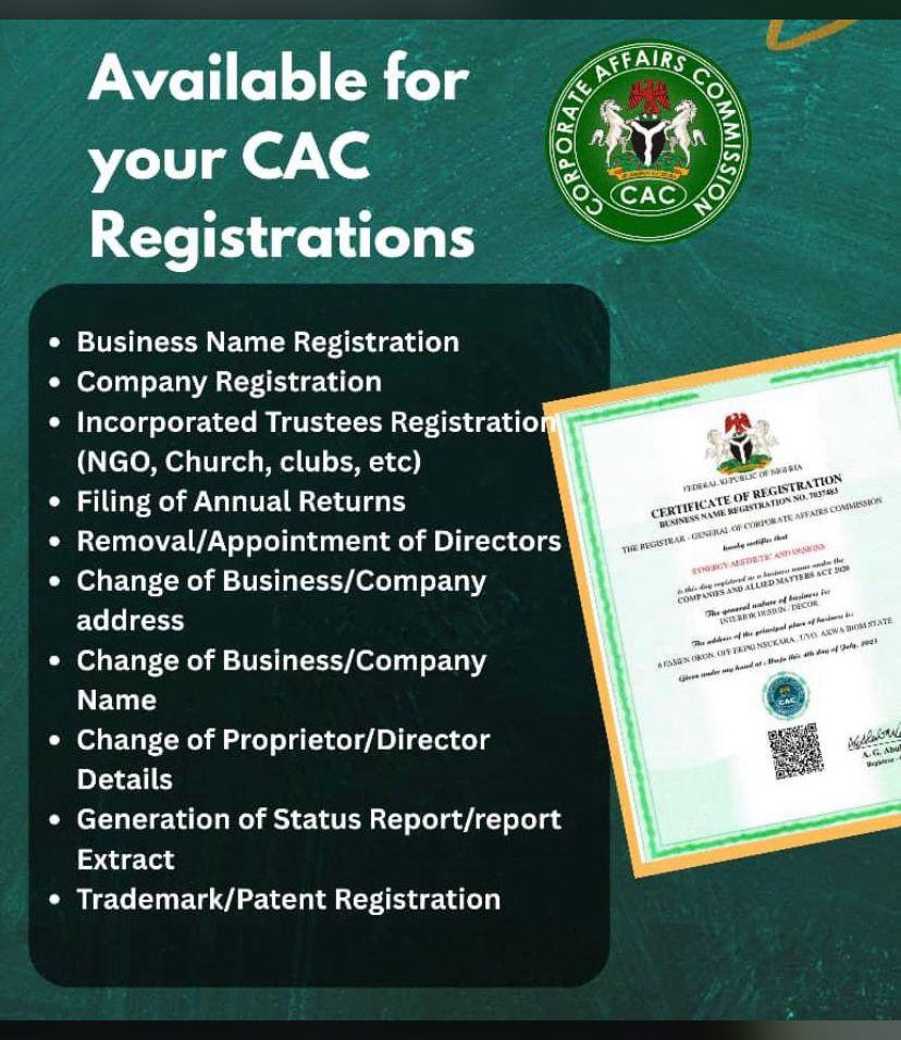 I’m active 🫱🏽‍🫲🏾

I’m available for your CAC (Pre- Incorporation, Incorporation and Post- Incorporation) related matters.