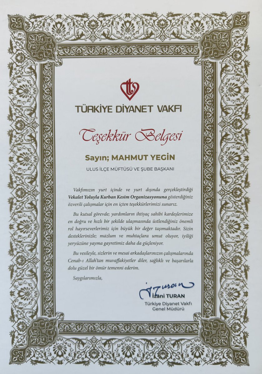 TDV'ndan İlçe Müftümüze Teşekkür

TDV Ulus şubemizce yurt içinde ve yurt dışında gerçekleştirdiğimiz Kurban, Ramazan ve insani yardım çalışmalarımızdan dolayı Türkiye Diyanet Vakfı Genel Merkezince İlçe Müftümüz Sayın Mahmut YEGİN'e teşekkür belgesi takdim edildi.