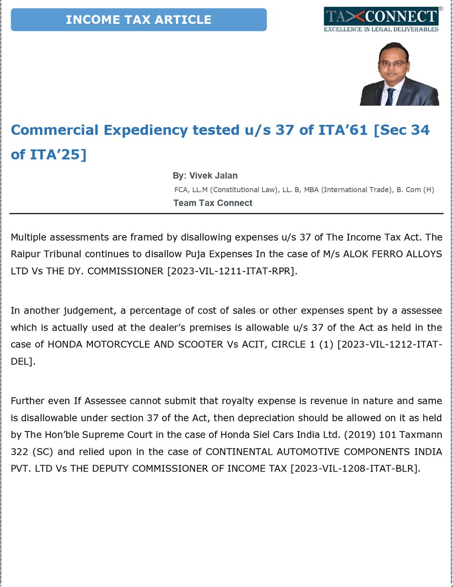 cavivekjalan's tweet image. Pleased to share an Article on “𝐂𝐨𝐦𝐦𝐞𝐫𝐜𝐢𝐚𝐥 𝐄𝐱𝐩𝐞𝐝𝐢𝐞𝐧𝐜𝐲 𝐭𝐞𝐬𝐭𝐞𝐝 𝐮/𝐬 𝟑𝟕 𝐨𝐟 𝐈𝐓𝐀’𝟔𝟏 [𝐒𝐞𝐜 𝟑𝟒 𝐨𝐟 𝐈𝐓𝐀’𝟐𝟓]” 

Thanks &amp;amp; Regards
Vivek Jalan
@TaxConnectLLP 

#section37 #section34 #incometaxact #ita1961 #ITA2025 #taxlaw #taxlitigation