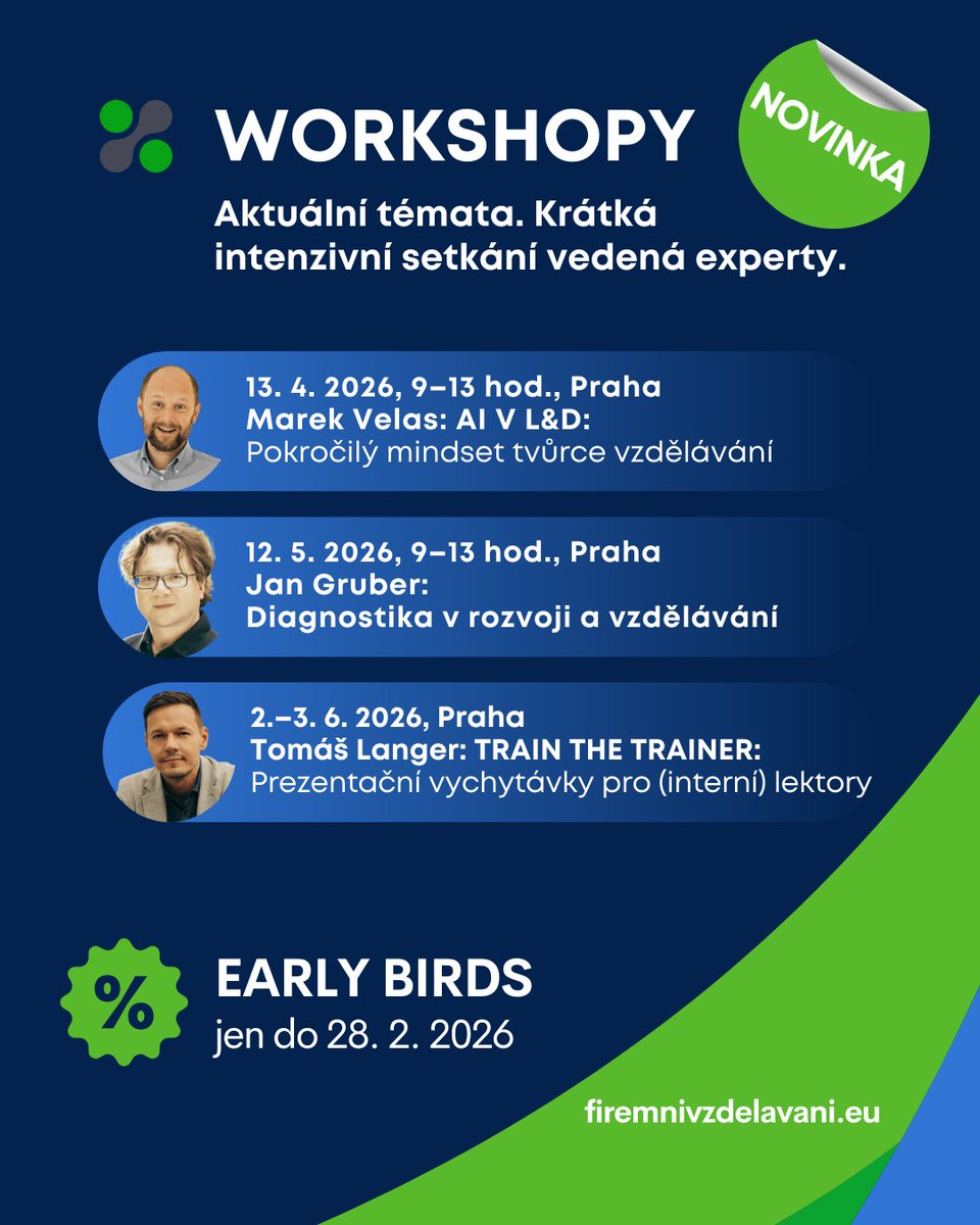 V prvním pololetí jsme si pro Vás připravili další tři intenzivní workshopy Firemního vzdělávání!💚

🔗 Podrobnosti na našem webu.

💰 A nezapomeňte na EARLY BIRDS do 28. 2. 2026.

#edu #hr #lnd #firemnivzdelavani #workshop #trainthetrainer