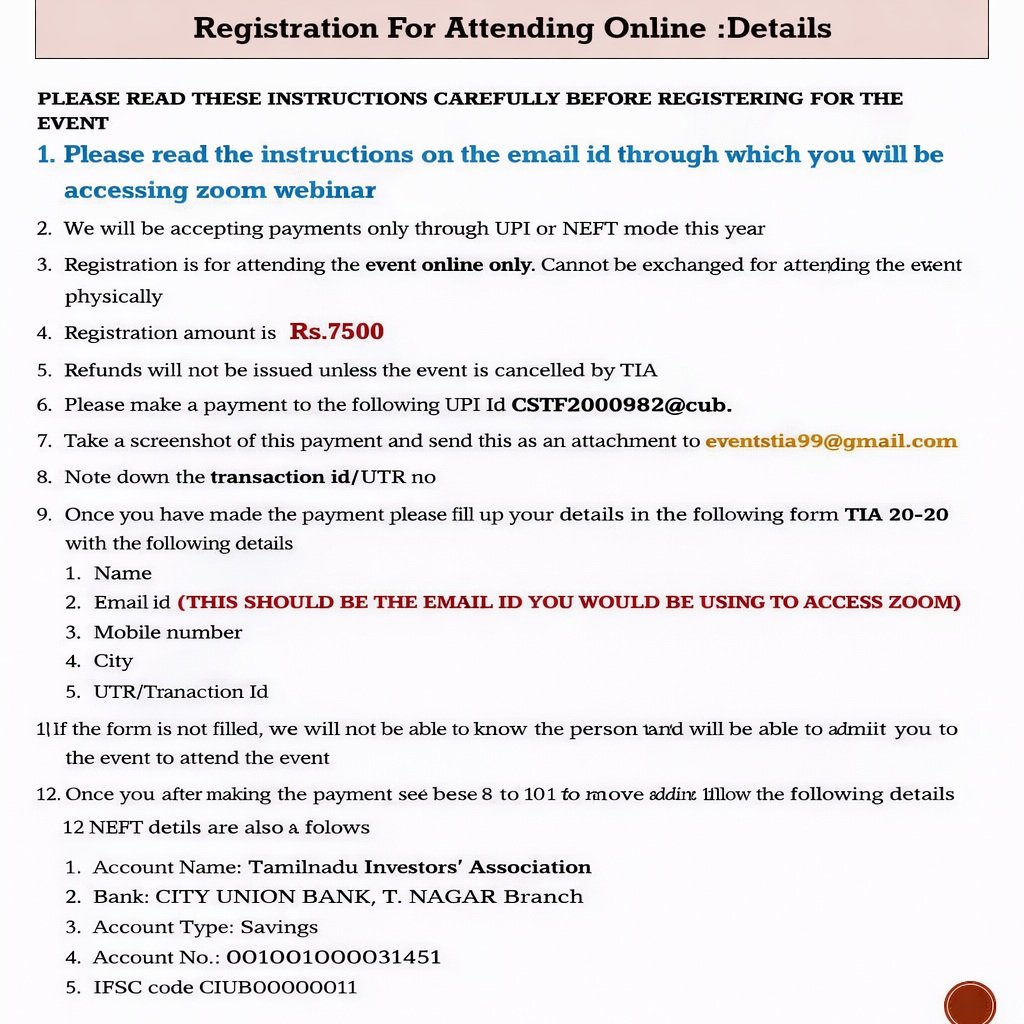 TIA_Investors's tweet photo. As we are nearing full auditorium capacity, we are opening for registrations to attend the upcoming TIA 20-20 Ideas Summit to be held on 21st Feb, 2026 in ONLINE only mode. 

Kindly follow the instructions, make payment of Rs 7500 only and fill the google form (link given in tweet) with the required details to complete the registration.

Registration email ID should be same as your zoom login email ID (or else your entry access will be denied into the webinar by zoom)

https://t.co/SafiexPVy0
