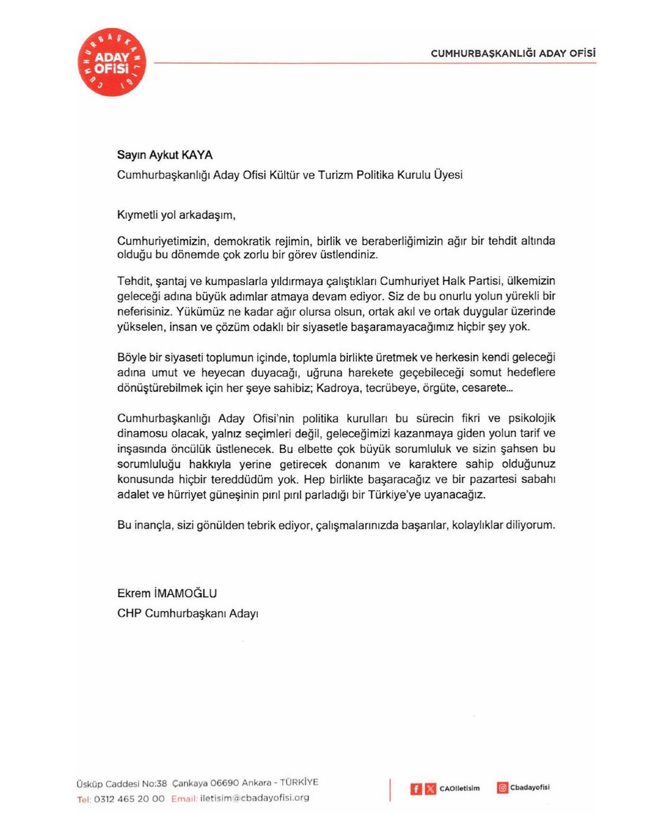 Genel Başkanımız Sayın Özgür Özel’e (<a href="/eczozgurozel/">Özgür Özel</a>) ve Cumhurbaşkanı Adayımız Sayın Ekrem İmamoğlu’na  şahsıma duydukları güven için yürekten teşekkür ediyorum.

Cumhurbaşkanlığı Aday Ofisi (<a href="/CAOIletisim/">Cumhurbaşkanlığı Aday Ofisi</a>) bünyesinde faaliyet gösteren Kültür ve Turizm Politika Kurulu’nda görev
