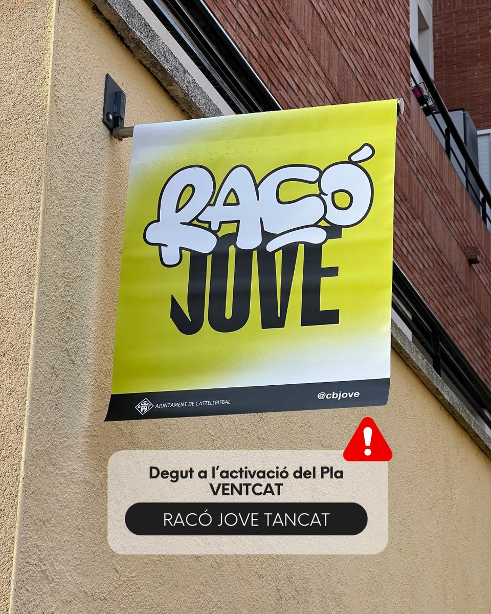 ⚠️ ATENCIÓ JOVES
Davant l’activació del #VENTCAT, avui:

👉 El Racó Jove romandrà tancat
👉 Se suspenen activitats esportives i a l’aire lliure
👉 Es tanquen parcs i zones d’esbarjo

Eviteu desplaçaments innecessaris i extremeu la precaució 🌬️

#castellbisbal #alertavent #cbjove