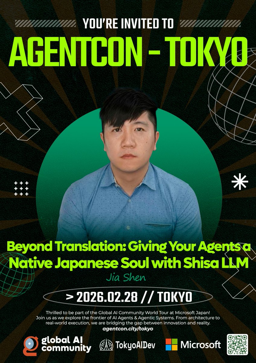 At AgentCon Tokyo, Shisa.AI will showcase how our localized models provide the core reasoning for the next generation of Japanese AI Agents. Join us to discuss the future of the Shisa ecosystem.
🔗globalai.community/chapters/tokyo…
#ShisaAI #AIAgents #GenAI #Japan