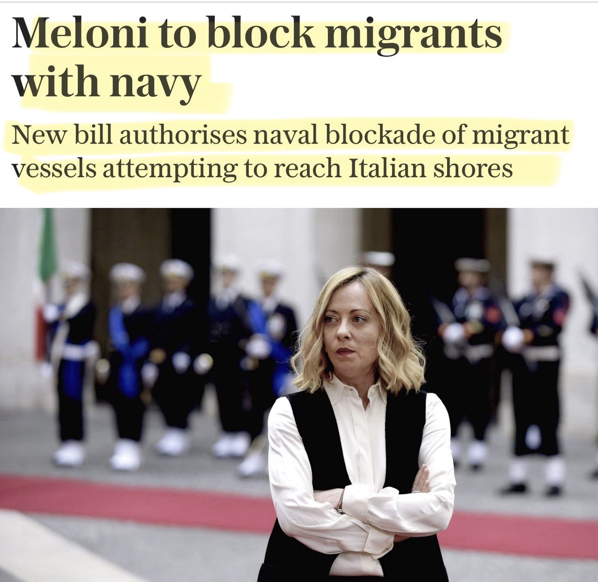 ‼️ Wow Meloni goes hardcore in Italy by using the Navy to block migrant boats from landing. 

Proposed legislation was agreed by ministers yesterday.

She isn’t bowing to the pressure of the UN or the ECHR, she’s protecting Italy and delivering her election promise.