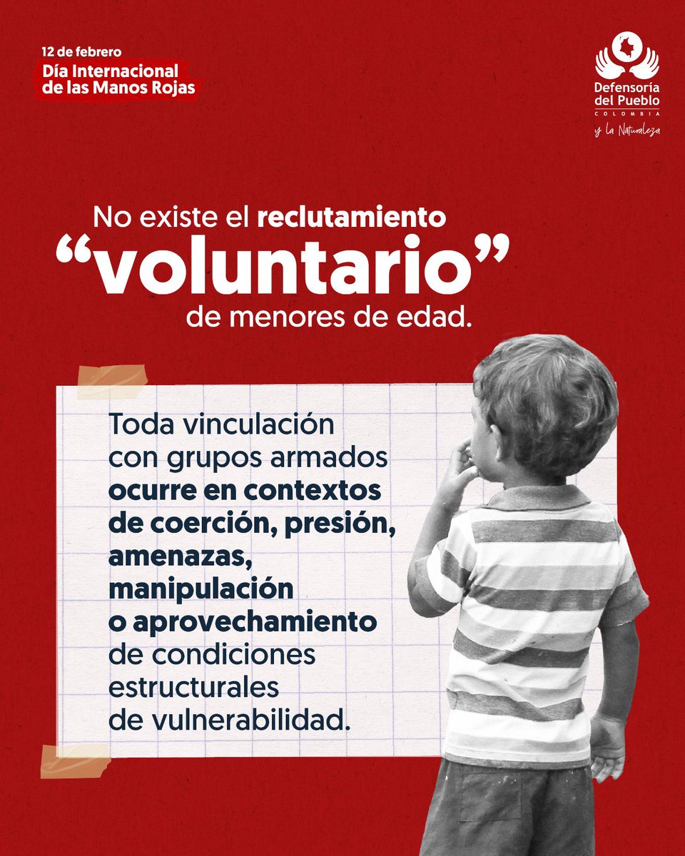 DefensoriaCol's tweet photo. Reiteramos nuestro compromiso con la prevención del reclutamiento, la emisión de Alertas Tempranas, el acompañamiento a víctimas y la incidencia ante las autoridades, para que niñas, niños y adolescentes permanezcan lejos de la guerra y puedan crecer en paz.

#BuenFuturoHoy https://t.co/uQVjGnjagx