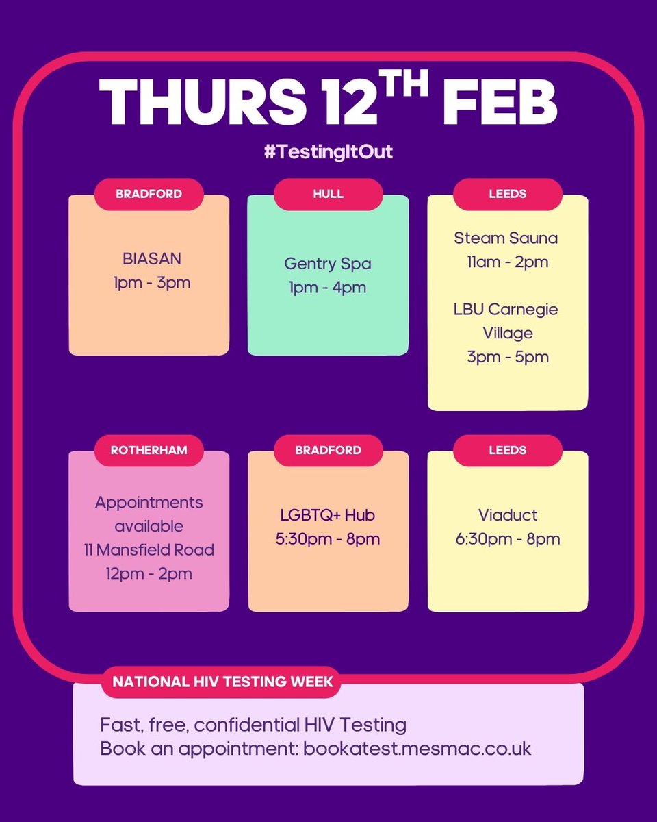 mesmachealth's tweet photo. It’s Day 4 of #HIVTestingWeek 💙
Catch us in Bradford, Hull, Leeds and Rotherham for quick HIV testing and peace of mind.

Fast, free and totally confidential.
#ITest #Testingitout https://t.co/z4KxRSDd2y