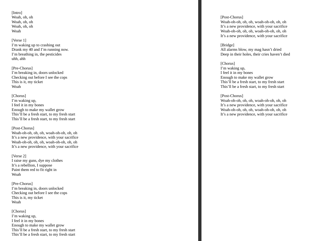 This is proof why you don't let me drink and write. Drunk me's a bit darker than people would like. But here Parody of Radioactive (Yes that song). That drunk me saved as "Florida Man". (Yes I know he has issues, I don't even remember writing this.)