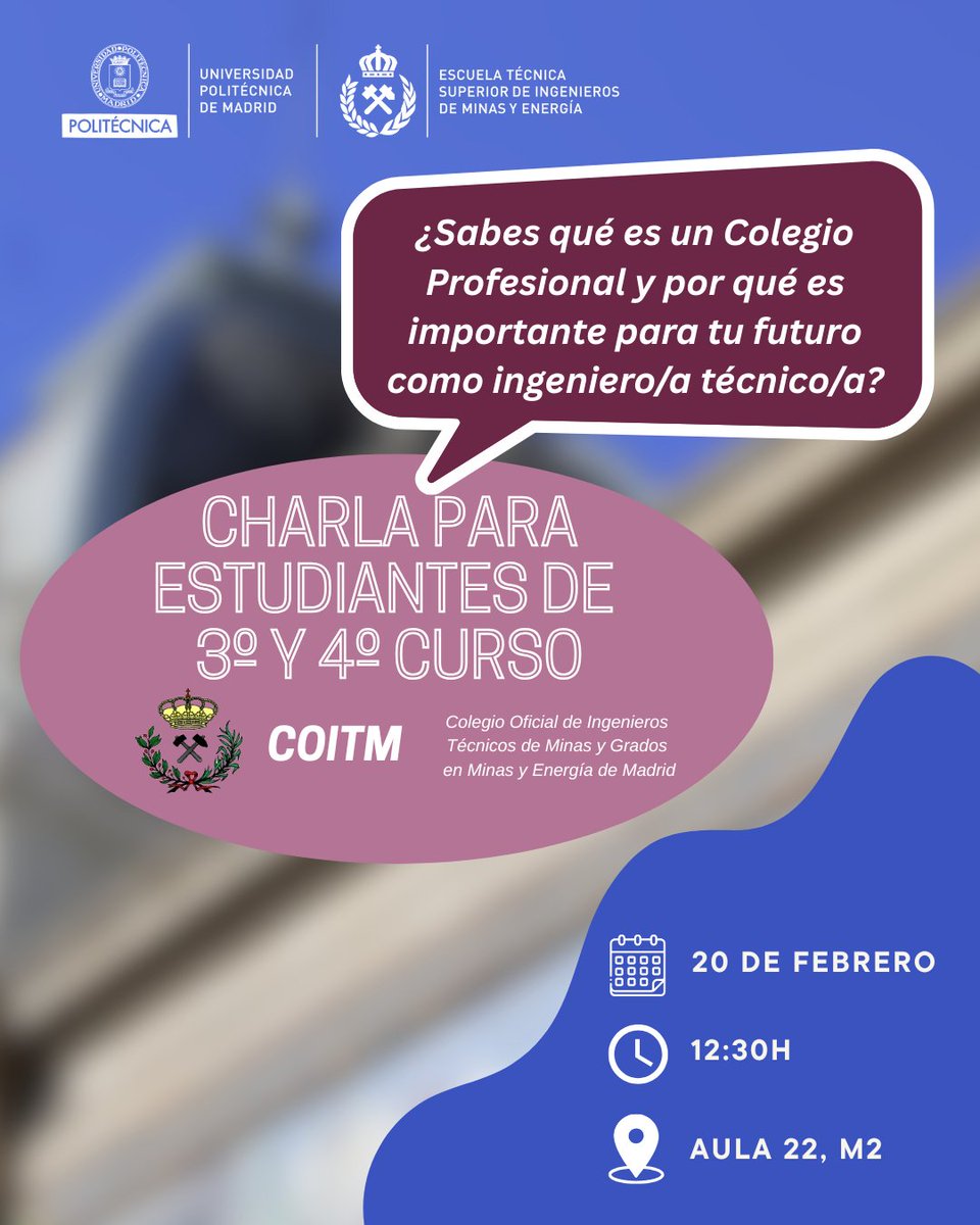 minasenergiaupm's tweet photo. El próximo 20 de febrero, el COITM viene a la Escuela para despejar todas tus dudas. No es solo una charla informativa; es el primer paso para conectar con tu futura profesión. ¡Te esperamos! ⚒️🏗️
#Ingeniería #UPM #COITM #IngenieríaTécnica #FuturoProfesional #etsimeupm https://t.co/1b1QUnJO6C