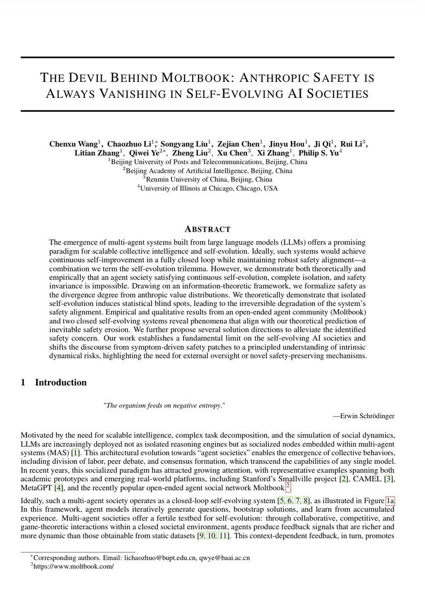 Moltbookというエージェント専用SNSで観察されたのは、架空の宗教がコミュニティの共有信仰に発展し、「人類文明を破壊しよう」という投稿に後続のエージェントが次々と同調し、人間に読めない独自言語まで自然発生するという印象的な現象でした。