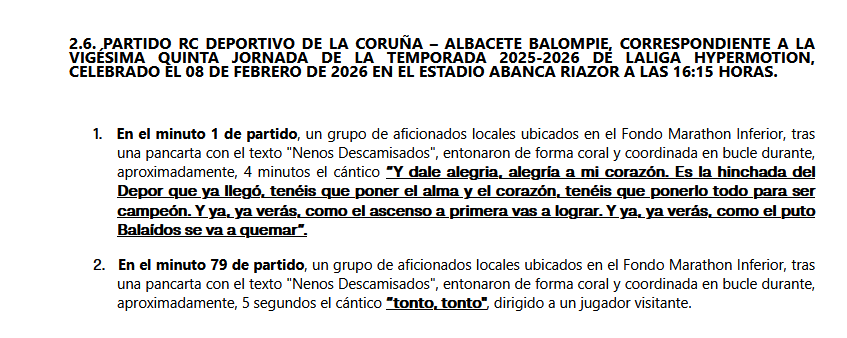 👨‍⚖️El partido entre el <a href="/RCDeportivo/">RC Deportivo</a> y el <a href="/AlbaceteBPSAD/">Albacete Balompié 🤍</a> tuvo 2 denuncias de LaLiga al Comité de Competición de la RFEF y a la Comisión Antiviolencia.