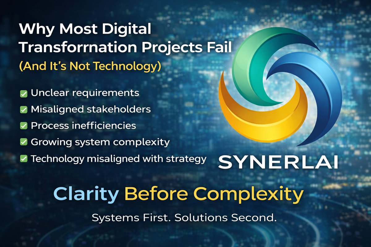 synerlai's tweet photo. 🚀 Why do most digital transformation projects fail?

It’s not the technology. Innovation without structured system analysis creates noise - not value.
At @Synerlai, we believe sustainable transformation begins with clarity.

#DigitalTransformation #SystemAnalysis #AI #Synerlai https://t.co/zj7BvhAeUV