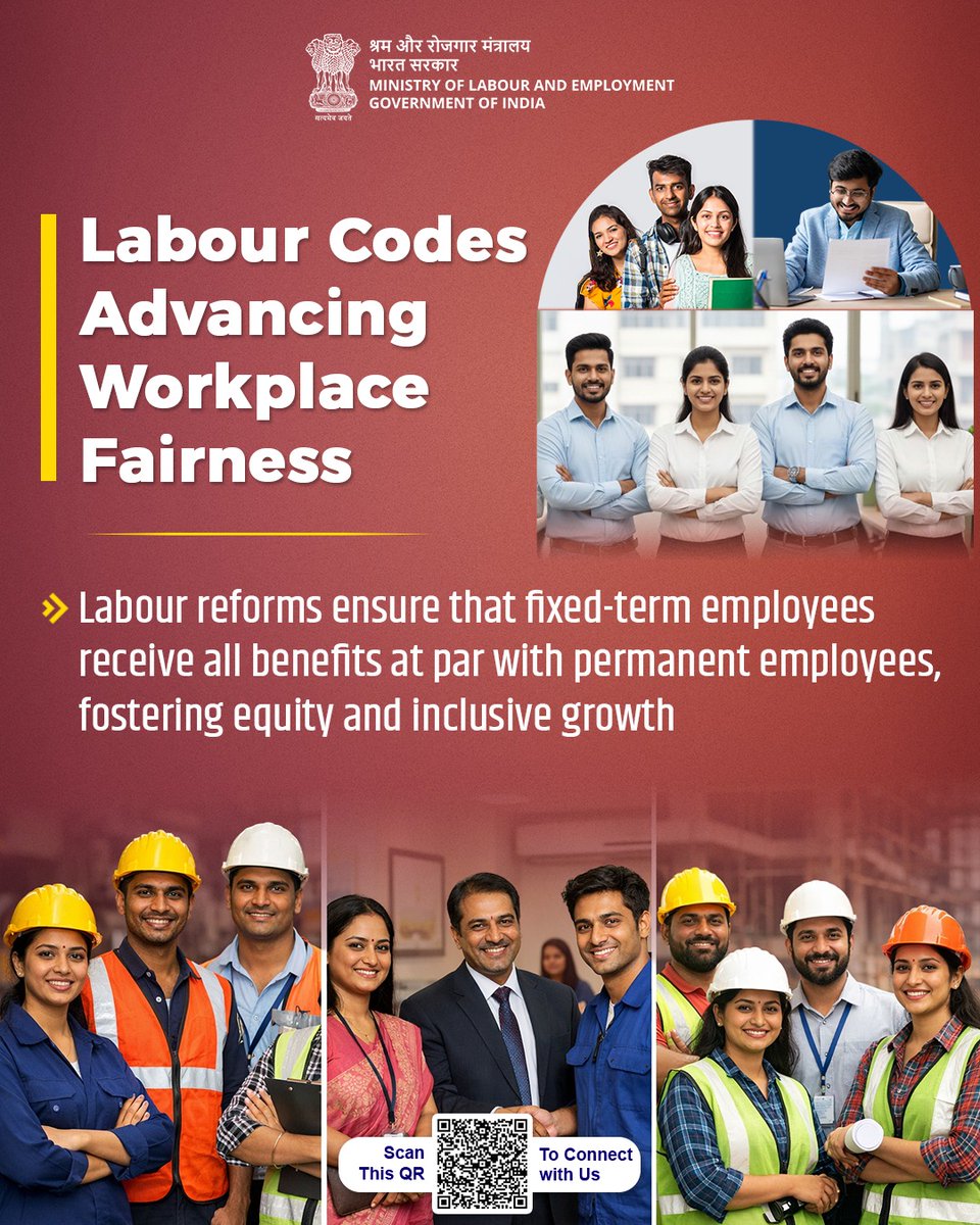 IFCI_LTD's tweet photo. Equal work. Equal benefits. Labour reforms promote fairness by extending statutory benefits to fixed-term employees, ensuring parity, and dignity.

#LabourReforms4NewIndia https://t.co/z6vBMxHyWZ