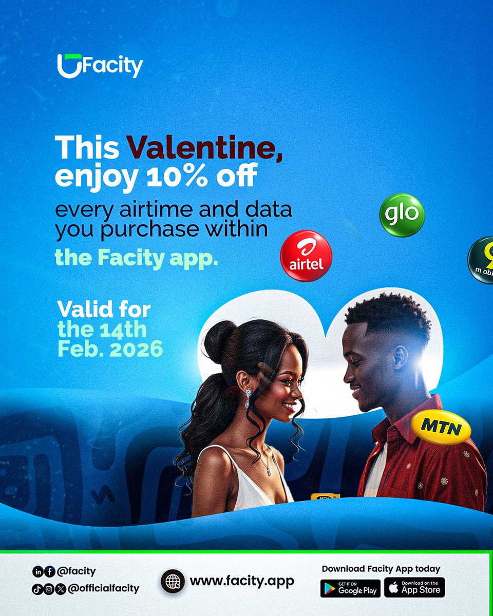 Love is in the air — and so are the savings.

This Valentine’s Day, you’ll be saving 10% on every airtime and data purchase made on the Facity App.

Offer available exclusively on 14th February 2026.

Download the Facity App, recharge, and save more with <a href="/officialfacity/">Facity Technology</a>.