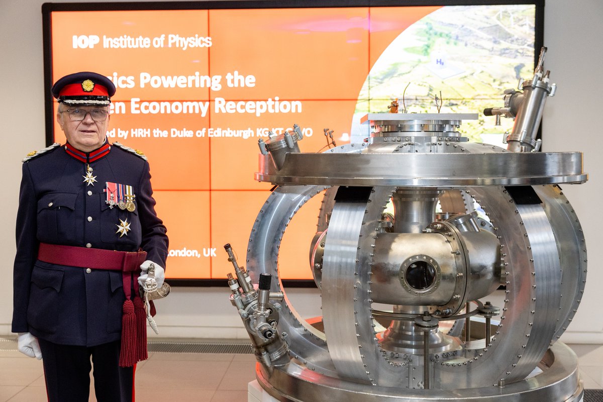 TokamakEnergy's tweet photo. Our first tokamak, ST25‑HTS, became a real talking point as the centrepiece exhibit at the recent Institute of Physics ‘Physics Powering the Green Economy’ Reception, attended by HRH The Duke of Edinburgh.

The Royal reception at IOP’s King’s Cross headquarters was held in celebration of the crucial role #physics performs in tackling the climate crisis.

As part of this effort, the IOP has published ‘Unleashing Physics to Power the UK Energy Sector’, highlighting the physics research and innovation driving new solutions. This event helped bring some of those ideas to life, and Tokamak Energy was one of the innovators invited to present our latest advances. 

HRH The Duke of Edinburgh praised the “imagination and creativity” of the companies exhibiting, and spent time discussing our #fusion and #superconducting technologies with co-founder David Kingham and Head of Magnet Systems Development Rod Bateman.

ST25-HTS was the first spherical tokamak built with a full set of new generation high temperature superconducting (#HTS) magnets. In 2015, it sustained a 24-hour plasma pulse, proving the potential of HTS technology in the quest to deliver clean, limitless fusion energy. In December, Tokamak Energy was presented with a prestigious IOP Business Innovation Award for our work developing compact, powerful, robust, and quench-safe HTS technology.

You can still see ST25-HTS on display. It will remain in the IOP reception area throughout February.

@PhysicsNews 

#Fusion #FusionEnergy #Superconductors #HighTemperatureSuperconductors #Innovation #Limitless