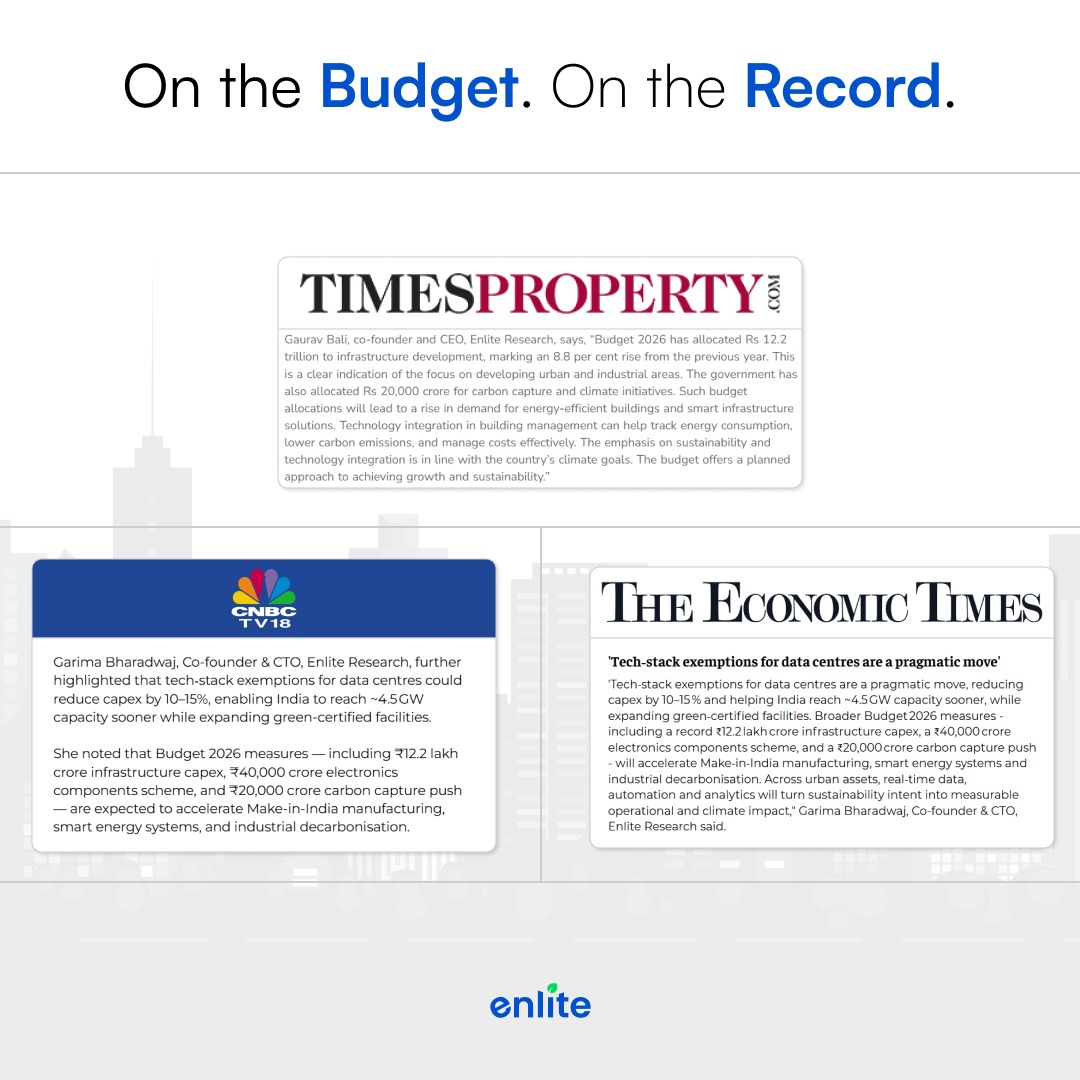 When product builders speak, the industry listens.

Gaurav Bali’s insights featured in IEEMA and Times Property.
Garima Bharadwaj’s perspectives featured in Outlook, CNBC, The Economic Times, and Torbit Realty.

#Enlite #ThoughtLeadership #SmartInfrastructure #Budget2026
