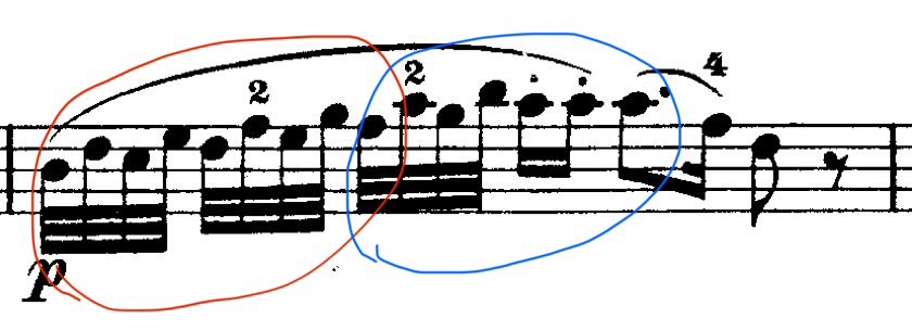 弾きにくいパッセージを余裕を持って弾けるようにするための練習方法の一つが、「しりとり」のように練習する方法。
例えばハイドンのチェロ協奏曲一楽章のこの部分では、この図のように音符を様々な一定数に区切りながら一単位ずつ練習したのが効果的だった。この練習はin tempoで行うのがおすすめ。