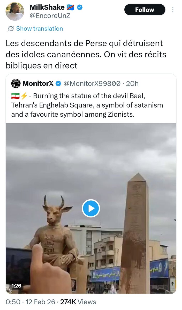 _Mahdiyar313's tweet image. کاربر فرانسوی: 
فرزندان پارس بت‌های کنعانی را نابود می‌کنند.
ما روایت‌های کتاب مقدس را زنده و مستقیم (در ایران) شاهد هستیم.
