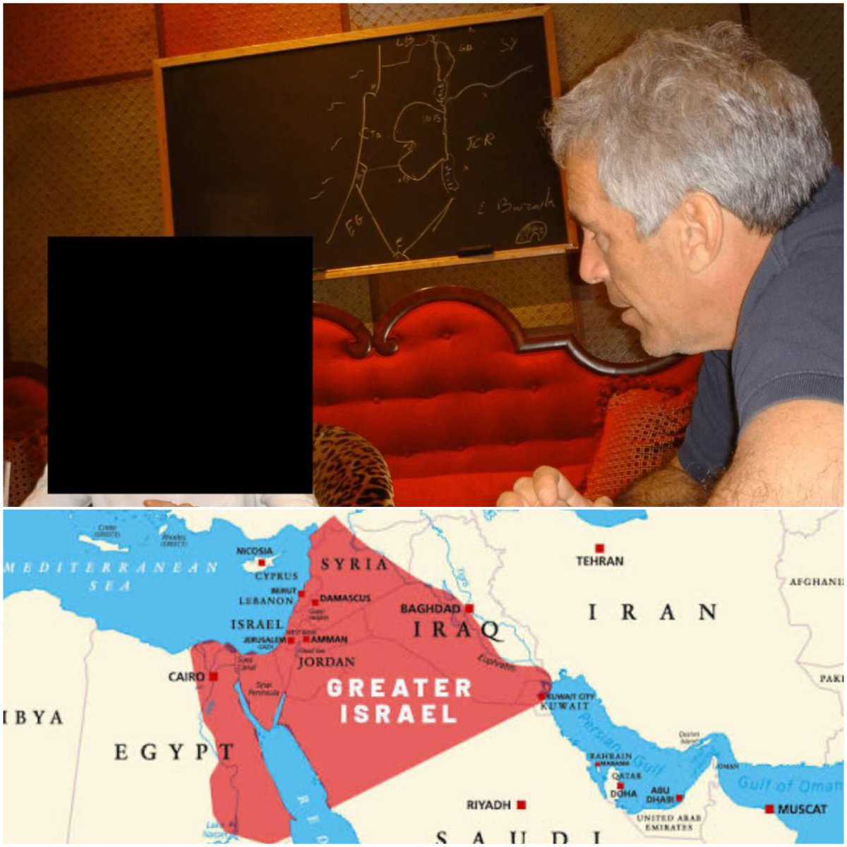 نقشه اسرائیل بزرگ(ارض موعود، نیل تا فرات) پشت سر جفری اپستین!!!
دوست دارن همه کشورها رو اشغال کنن و به فساد و لجن بکشونن: