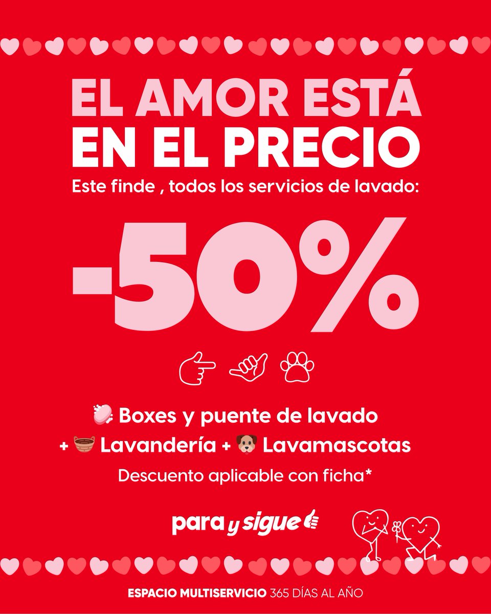 Este San Valentín no queremos flores, queremos más #ahorro 💘

Por eso, este sábado y domingo todos tus #lavados al 50%. Descuento aplicable sólo al comprar la ficha (recuerda usarla 😉).

Porque esto… sí es amor 😍

#sanvalentín #descuento