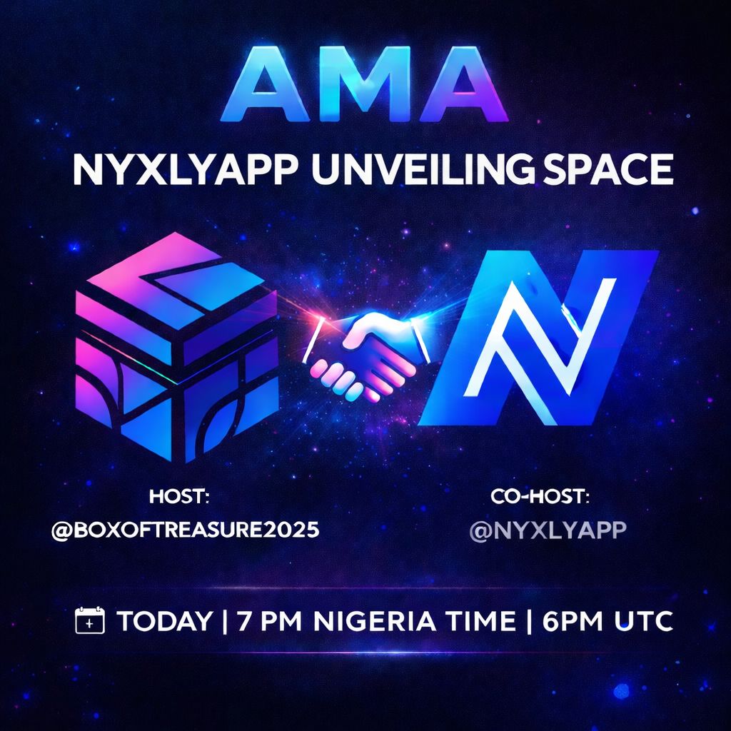 Get ready for X space coming up today.
Topic: NYXLYAPP Unveiling 

🗓️Date: 12th Thursday 2026
⏰Time: 6: 00pm UTC

Don't miss out, as the next gem social media <a href="/NYXLYAPP/">NYXLY</a> will be unveiled today and announcement concerning $BOT <a href="/TreasureBox2025/">BoxOfTreasure</a> as well