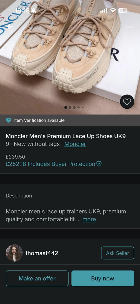 so scam sellers on <a href="/vinted/">Vinted</a> are getting increasingly more frequent, but this is new — designs that don't actually exist, with obvious AI traits on top.

I reported it as a scam but vinted rejected my report, so, somebody else's problem 🤷