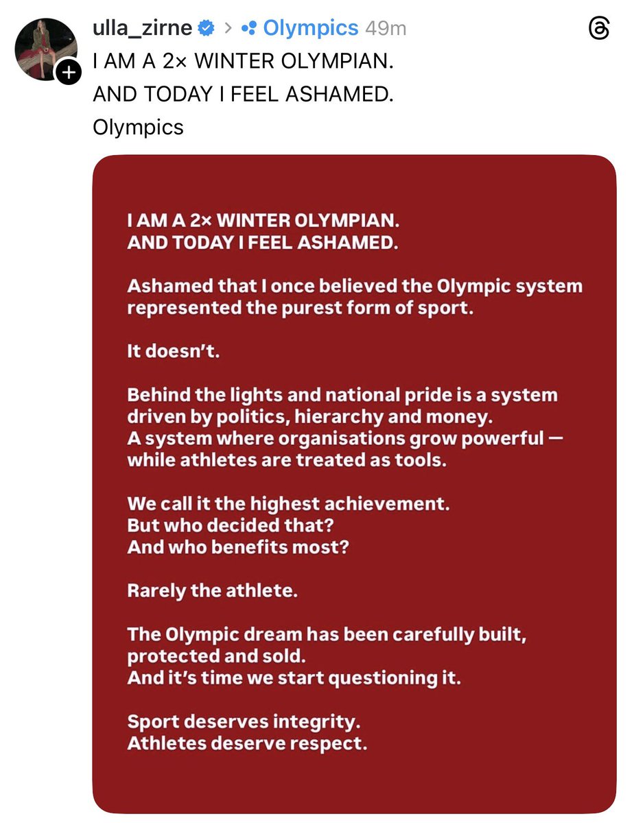 Latvian luge athlete Ulla Zirne with a very pointed post just minutes ago.

This comes in the wake of the IOC banning the Ukrainian skeleton athlete for his helmet depicting athletes and coaches from his country killed in the war with Russia.

Zirne competing in Sochi and