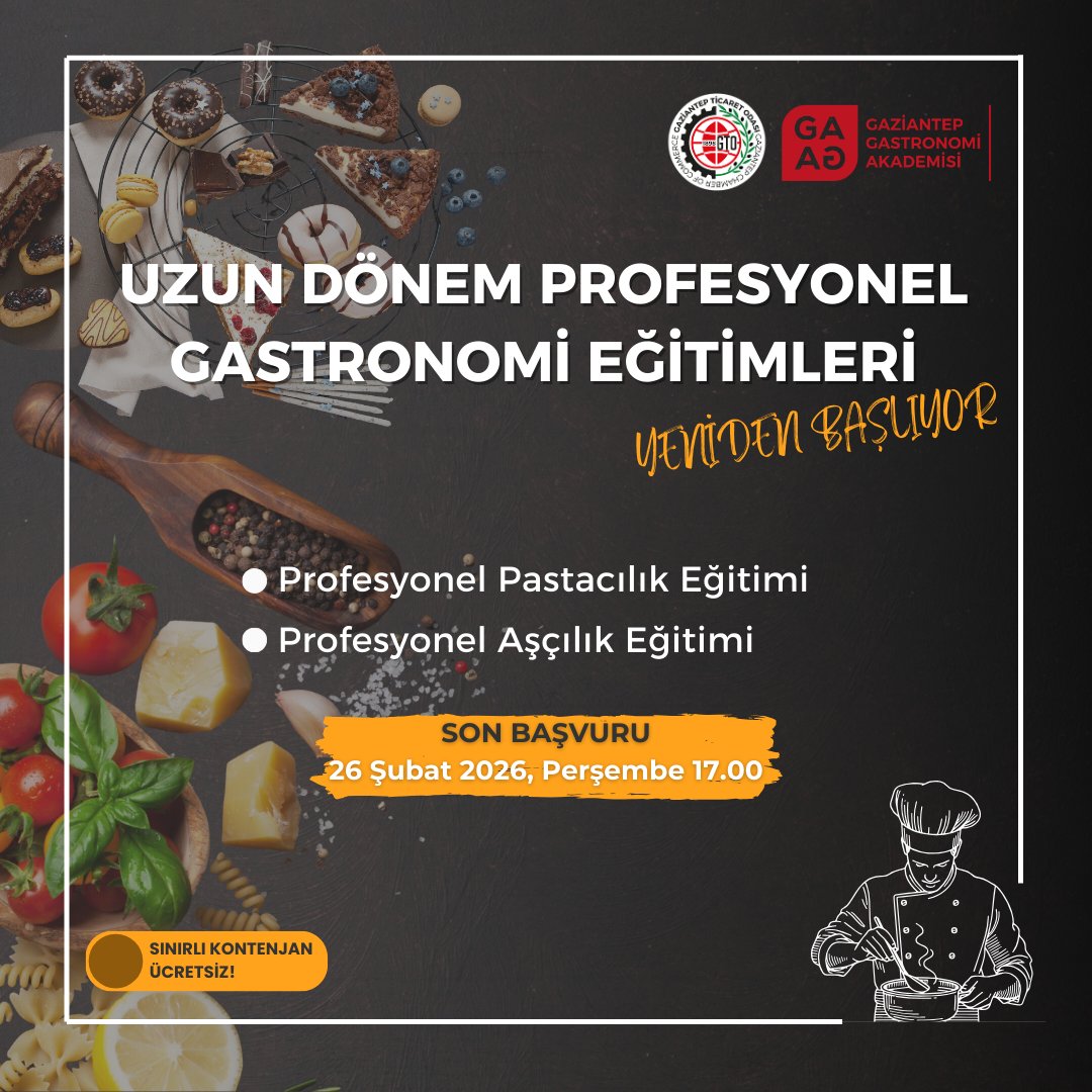 📢Uzun Dönem Profesyonel Gastronomi Eğitimleri Başlıyor!

Gaziantep Gastronomi Akademisinin tam donanımlı profesyonel mutfaklarında, alanında uzman eğitmenler eşliğinde...

🥮Profesyonel Pastacılık
👨‍🍳Profesyonel Aşçılık

🗓️23 Mart 2026 - 13 Temmuz 2026 / Eğitim sonrası 4 ay staj