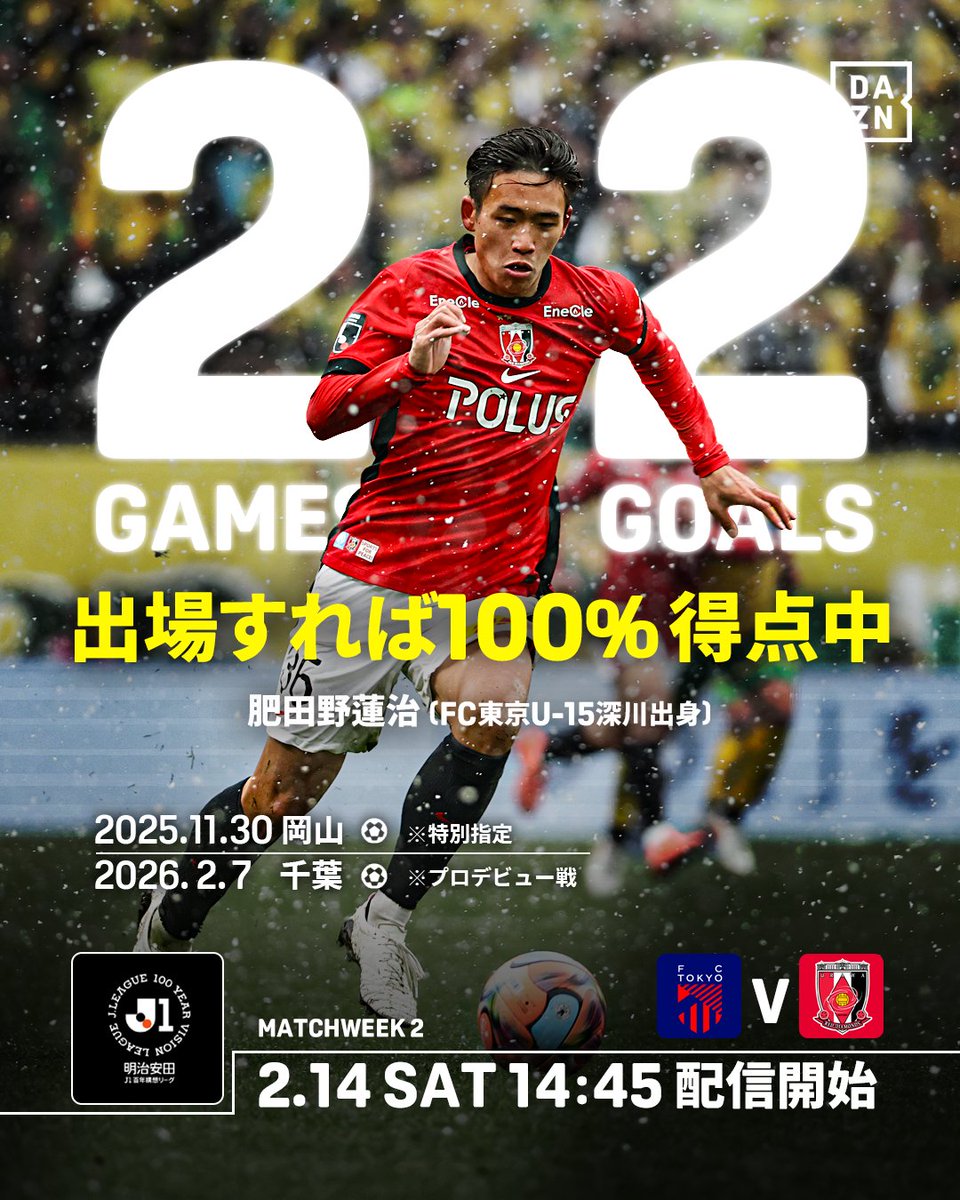 ◥◣ 出場すれば100％得点中 ◢◤

特別指定で出場した岡山戦に続いて
プロデビュー戦でもゴールの肥田野蓮治✨

FC東京へ恩返し弾を決めるか⚽️

浦和のニューヒーローを見逃すな💥

🏆明治安田Ｊ１百年構想リーグ第2節
🆚FC東京×浦和
📅2/14(土)🕒15:00
📱#DAZN ライブ配信

#Ｊリーグ #だったらDAZN