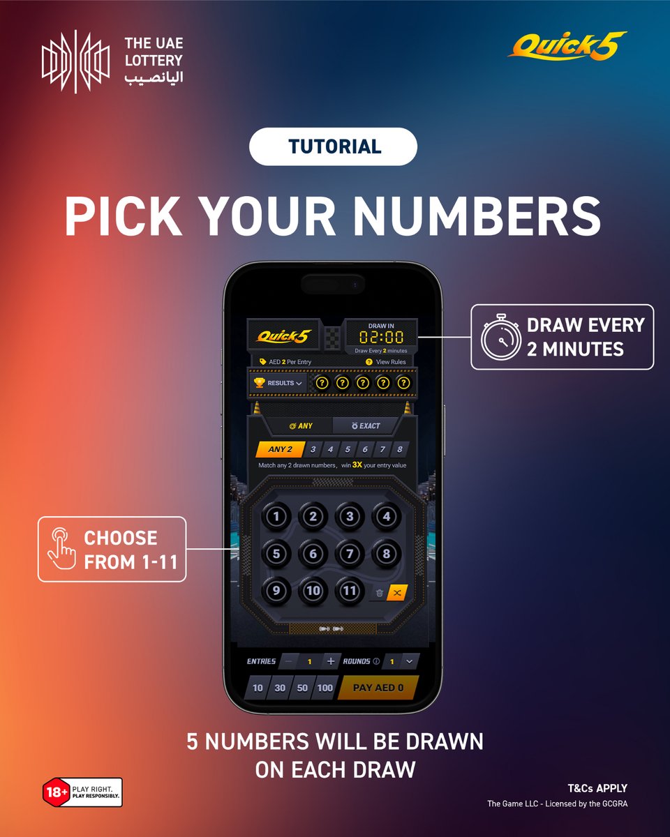 theuaelottery's tweet image. 🏁 New to QUICK 5? Let’s get you on track!🔥

Swipe for the full guide and get started at theuaelottery.ae (link in bio)
#Quick5 #TheUAELottery #DareToImagine