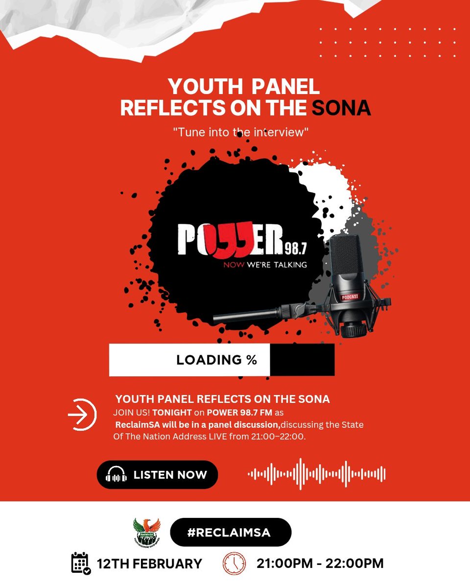 ReclaimSA_'s tweet photo. Please receive this invite from us to you , a *Panel Discussion LIVE*@ well known radio station *POWER 98.7FM* where ReclaimSA will be unpacking & evaluating The SONA
The guests on the panel are to be confirmed!
#ReclaimSA🇿🇦
#stateofthenationaddress https://t.co/QmGuApxnam