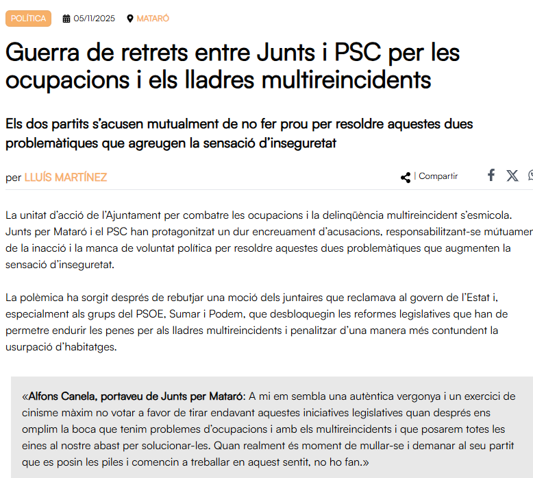 Ara tothom es penja la medalla, però just fa 3 mesos tot era molt diferent. Llavors, des de <a href="/JuntsperMataro/">Junts per Mataró</a> dèiem q calia pressionar al govern de l'estat i desbloquejar les reformes legislatives, especialment la reincidència, però no els agradava. Però ara sí, com mana el partío!