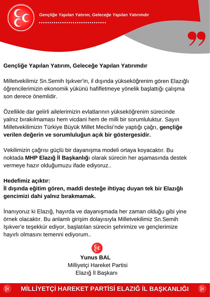 Gençliğe Yapılan Yatırım, Geleceğe Yapılan Yatırımdır…

Milletvekilimiz Sn.Semih Işıkver’in, il dışında yükseköğrenim gören Elazığlı öğrencilerimizin ekonomik yükünü hafifletmeye yönelik başlattığı çalışma son derece önemlidir.

Özellikle dar gelirli ailelerimizin evlatlarının