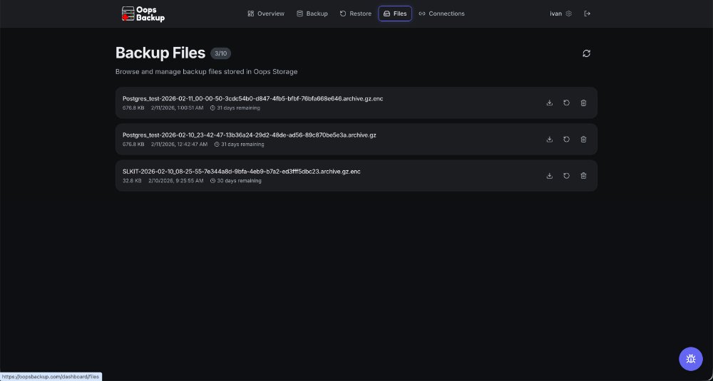 kovacivan's tweet photo. You want to see what Oops Backup looks like before subscribing?
Here it is.

You can schedule backups, encrypt them, get notifications, download backup files or upload to your S3 or transfer using SFTP, restore,...

#buildinginpublic #backup #database #mongodb #postgresql #mysql https://t.co/JfVo1BKVAP