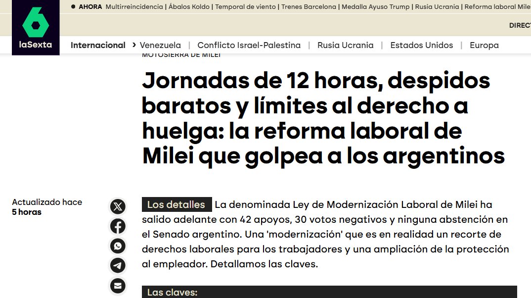 MuyLiberal's tweet image. Yo vi la noticia en @A3Noticias pero ya comprobé que todos la dan igual:

En la Argentina de @JMilei el Senado aprueba una reforma laboral que aumenta la jornada laboral hasta las 12 horas 🫢😨😱

Pero como ya me los conozco, profundicé y muy fácilmente encontré la verdad, que ya…