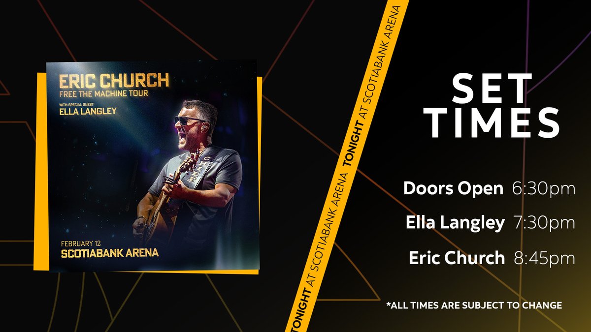 ScotiabankArena's tweet image. 🚨 TONIGHT 🚨

🚪 DOORS OPEN - 6:30PM
💛 ELLA LANGLEY - 7:30PM
😎 ERIC CHURCH - 8:45PM

*All times are subject to change

💼 Bag Policy bit.ly/3w55SOu
💳 Scotiabank Arena is a cash-free venue, accepting debit, credit &amp;amp; contactless payment bit.ly/4abLBIq