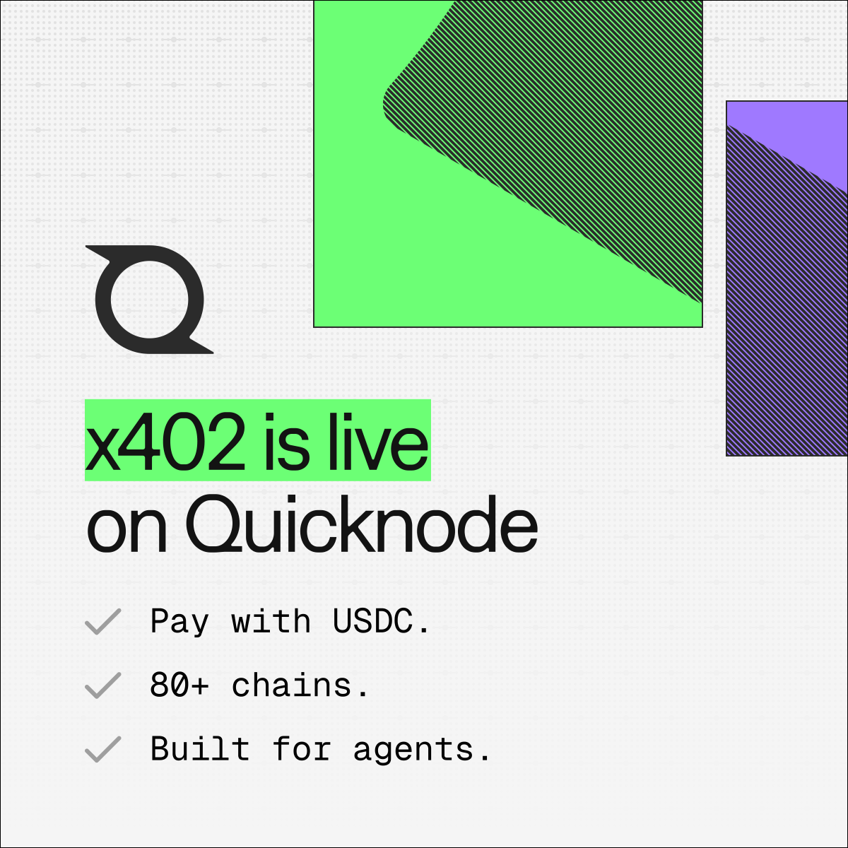 Quicknode's tweet photo. 🤖 Quicknode now supports x402 🤖

AI agents can hit RPC across 80+ chains. Pay with USDC. Built for agents.

Here's what that means and why we built it 🧵 https://t.co/BY9GI3LgaE