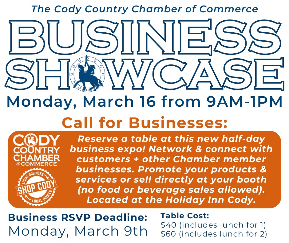 We're looking for businesses to participate in our upcoming Business Showcase at the Holiday Inn! Register now before it fills up: business.codychamber.org/events/details…