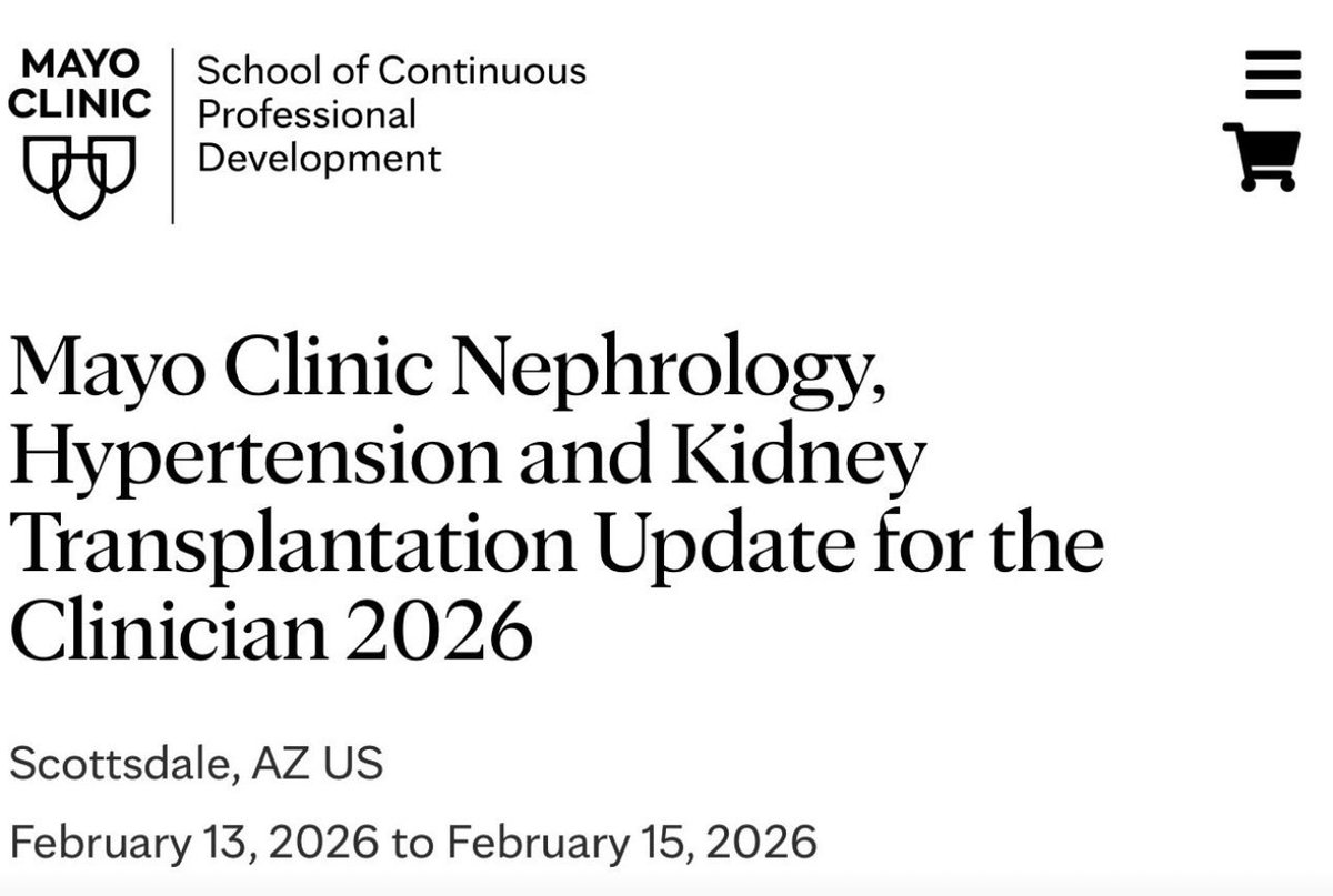🙂 Looking forward to connecting with colleagues this week at the Mayo Clinic Nephrology, Hypertension and Kidney Transplantation Update for the Clinician 2026. <a href="/MayoClinicNeph/">Mayo Clinic Nephrology</a> 

📍 Scottsdale, Arizona &amp; via livestream
🗓 February 13–15, 2026
🏨 Fairmont Scottsdale Princess