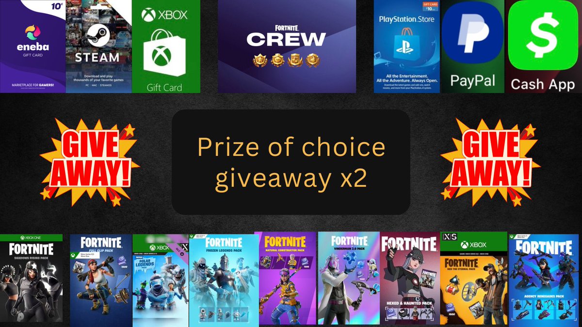 🎁 prize of choice giveaway 🎁

x2 $10 or the packs below, anything from the itemshop worth 1500 vbucks. 👇 

TO ENTER:
💙 FOLLOW ME
👍LIKE &amp; ♻️ RT
💬TAG A FRIEND 
🛑 ENDS IN 48/72HR 

Optional 
Please consider using code: dripzfv to support me ❤️
#fortnite #EpicPartner