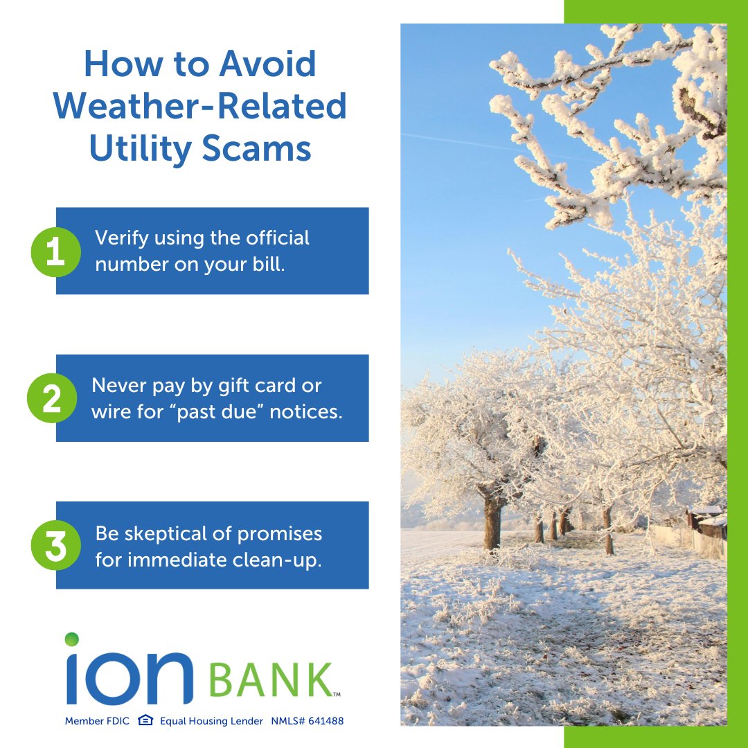 ⚠️ After a weather emergency, scammers may pose as your utility company, demanding immediate payment. Protect your financial and personal information with these tips!

#utilityscams #fraudalert #IonBank
