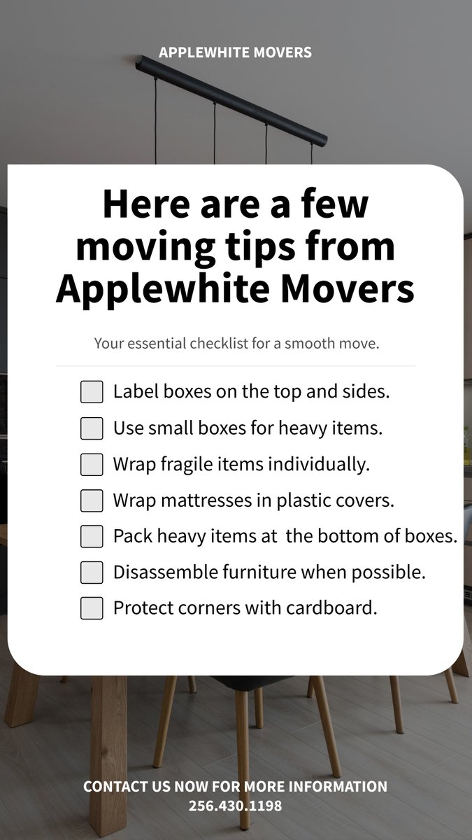 🚚 MOVING SOON?
Here are a few moving tips from Applewhite Movers

Don’t let the stress pile up. Applewhite Movers is here to handle your move with care, efficiency, and professionalism from start to finish.
 #huntsvilleal #commercialmovers #huntsvillemovers #applewhitemovers