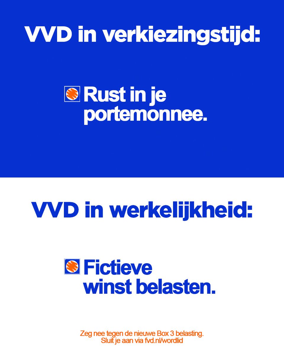 VVD stemt in met torenhoge belastingen op fictieve winsten van investeerders en beleggers.

De beste manier om de liberalen af te straffen is door je aan te sluiten bij de grootste ledenpartij van Nederland en 18 maart te stemmen op Forum voor Democratie!

fvd.nl/wordlid