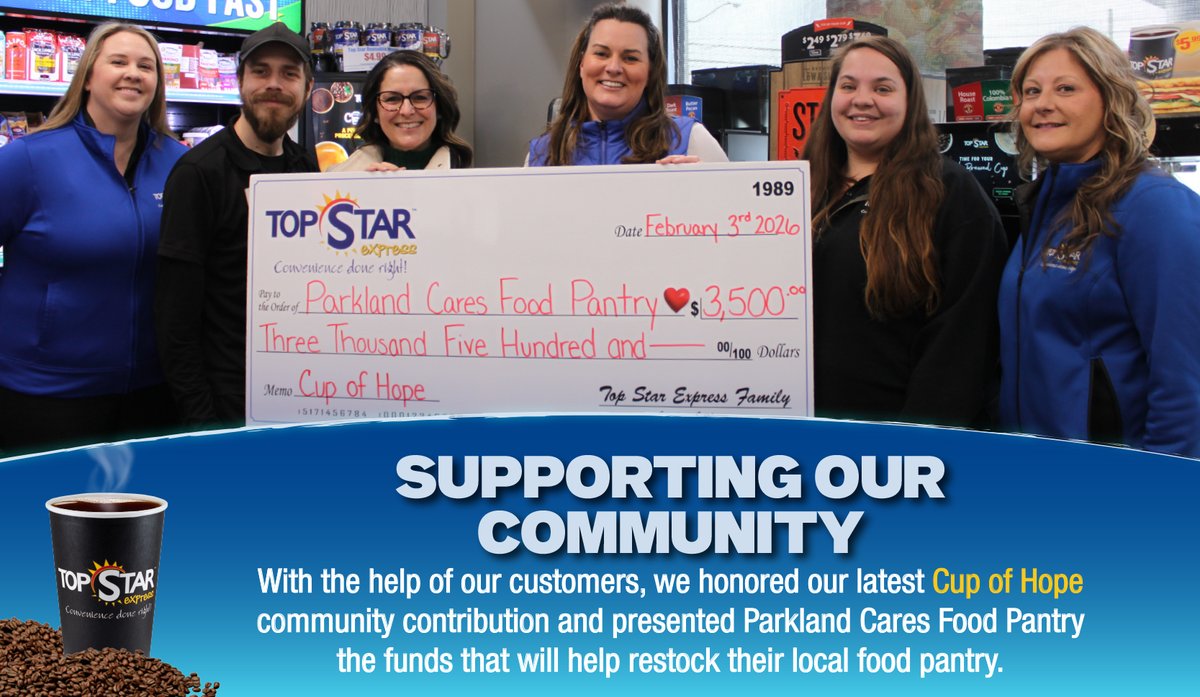 #ThankfulThursday ❤️ Huge thanks to Top Star &amp; their amazing customers for raising $3,500 f through their Cup of Hope program!  Special thanks to Megan Cardine, Monica Bradford &amp; volunteer Katie Frank for supporting Parkland families.
#CommunityHelpingCommunity #ParklandCARES