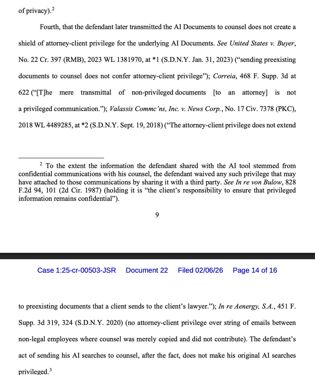 jsrailton's tweet image. Are you talking to AI about legal matters? Be careful.

He chatted with Claude about his legal strategy.

Then discussed with his lawyers.

A Federal judge just ruled that those AI chat logs have zero legal privilege