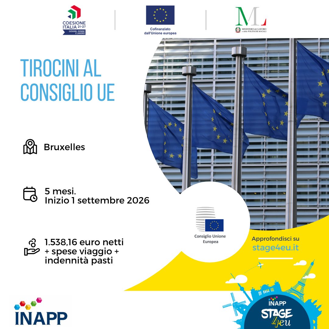 🇪🇺 TIROCINI AL CONSIGLIO UE - Bruxelles

📅 Set 2026 - Gen 2027 
⏰ Scadenza: 19 marzo 2026

Settori: diritto, economia, comunicazione, IT, ambiente...

Requisiti: laurea + inglese/francese C1
Info 👉 bit.ly/4rfZ4rO 

#TirociniUE #JobsEU