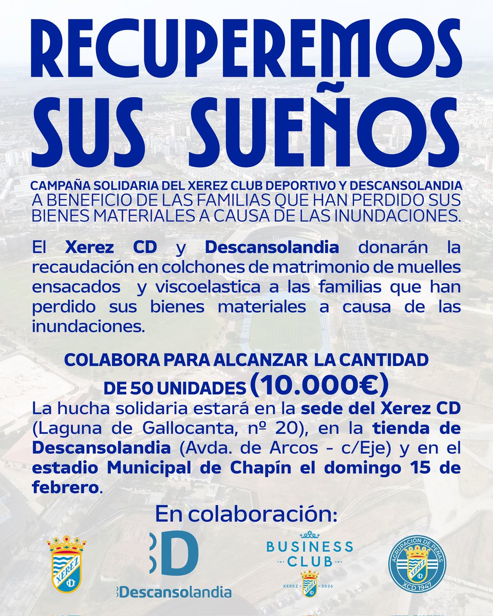 🛏️💭✨

𝗥𝗲𝗰𝘂𝗽𝗲𝗿𝗲𝗺𝗼𝘀 𝘀𝘂𝘀 𝘀𝘂𝗲𝗻̃𝗼𝘀

📣 Participa en la hucha solidaria del #Xerez para proporcionar colchones de 𝗗𝗲𝘀𝗰𝗮𝗻𝘀𝗼𝗹𝗮𝗻𝗱𝗶𝗮 a beneficio de las familias que han perdido sus bienes materiales a causa de las inundaciones.

📍 Sede del club
📍