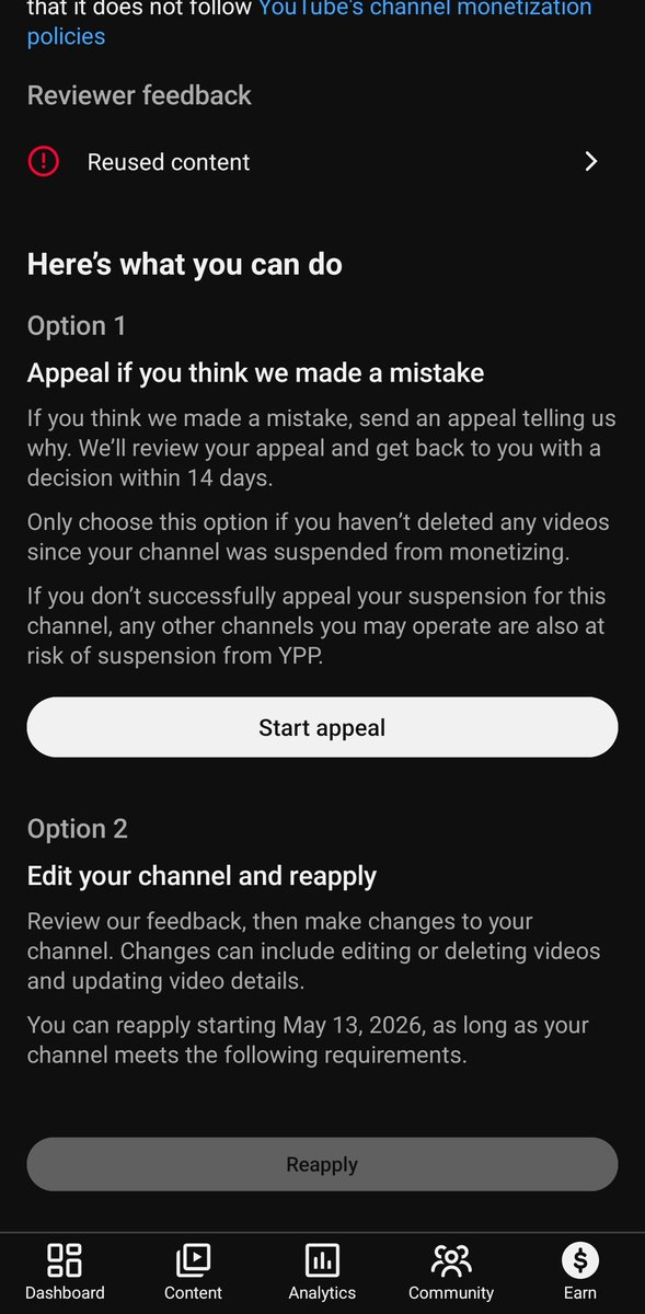 joenex727's tweet photo. @TeamYouTube
I’m a student who built a channel from the ground up. 3 months of waiting. I create and edit my own videos. “Reused content”does not reflect my work. I’m requesting a fair re-evaluation. This is the second time I'm not happy with this https://t.co/49QDicgPfF