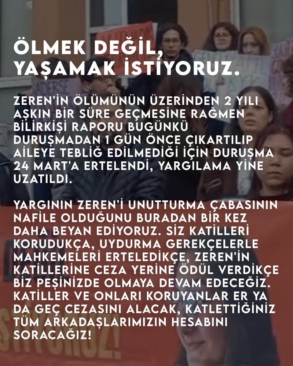 Bilirkişi raporu aylarca hazırlanmadı, yargılama uzatılarak katiller korundu, uydurma gerekçelerle mahkemeler ertelendikçe ertelendi. 

Buradan beyanımızdır: Katiller ve onları koruyanlar er ya da geç cezasını elbette alacak, katlettiğiniz tüm arkadaşlarımızın hesabını sizden